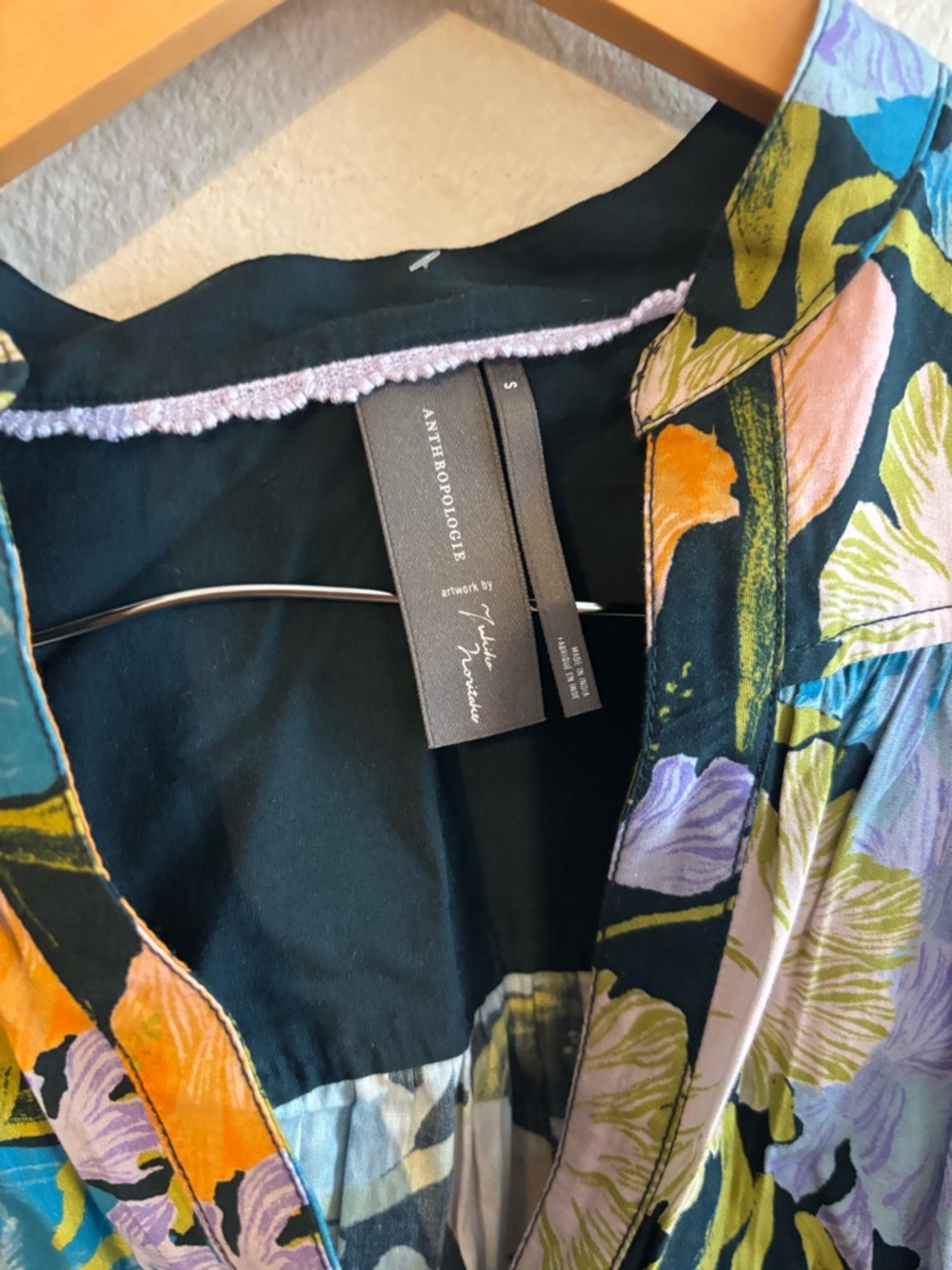 Anthropologie Navy Floral Puff-Sleeve Blouse - Picture 5 of 6